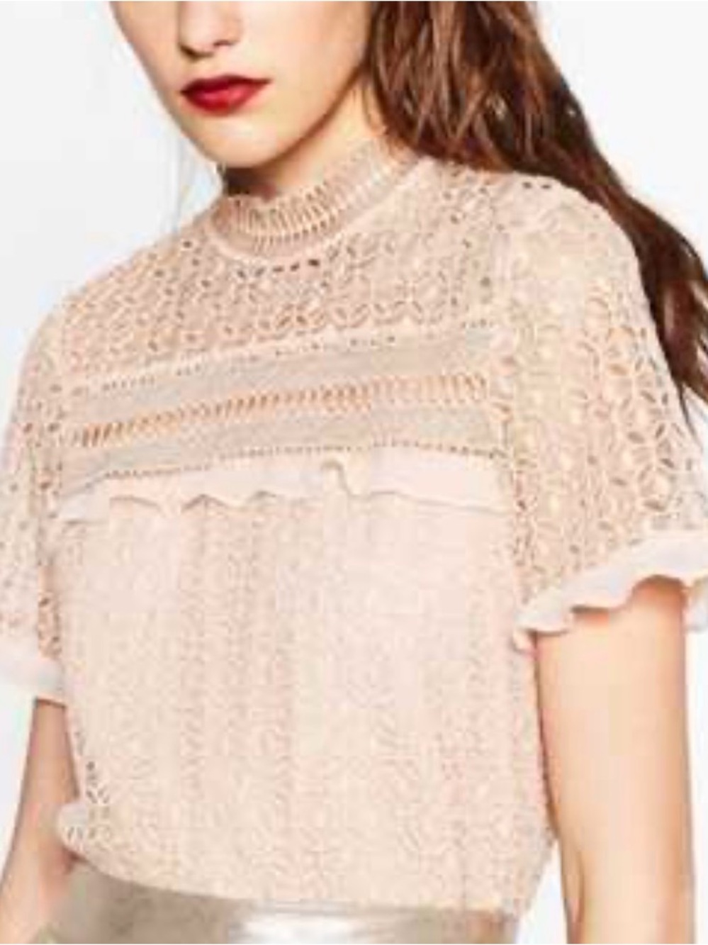 Zara Blush Crochet Lace Ruffle Short Sleeve Top XS NWOT